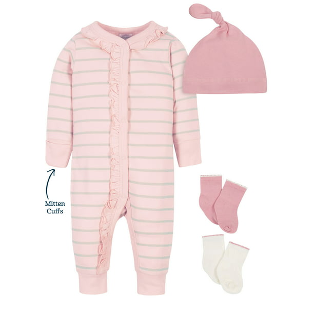 6-9 Months Organic Cotton Gerber Modern Moments Pink w/ Grey Striped Coverall 